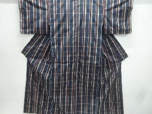 アンティーク　格子模様織出し米沢紬着物